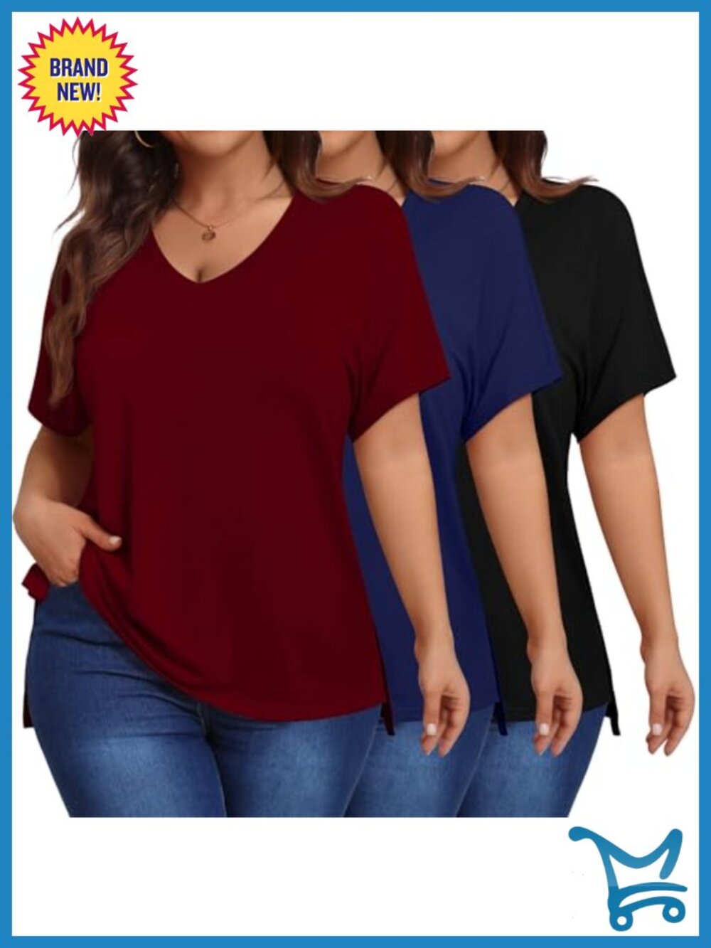 Womens Plus Size V Neck Short Sleeve T Shirts High Low Hem Loose Fit 3 Pack